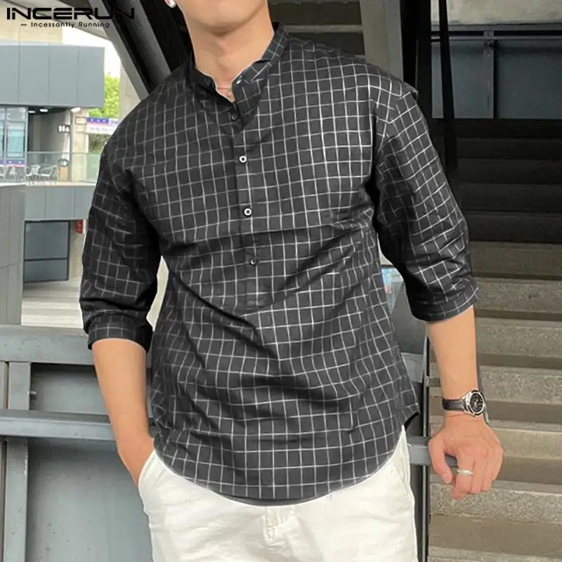 

INCERUN Tops 2023 Korean Style Handsome Men Stylish Plaid Collar Design Shirt Casual Well Fitting Male Long Sleeved Blouse S-5XL
