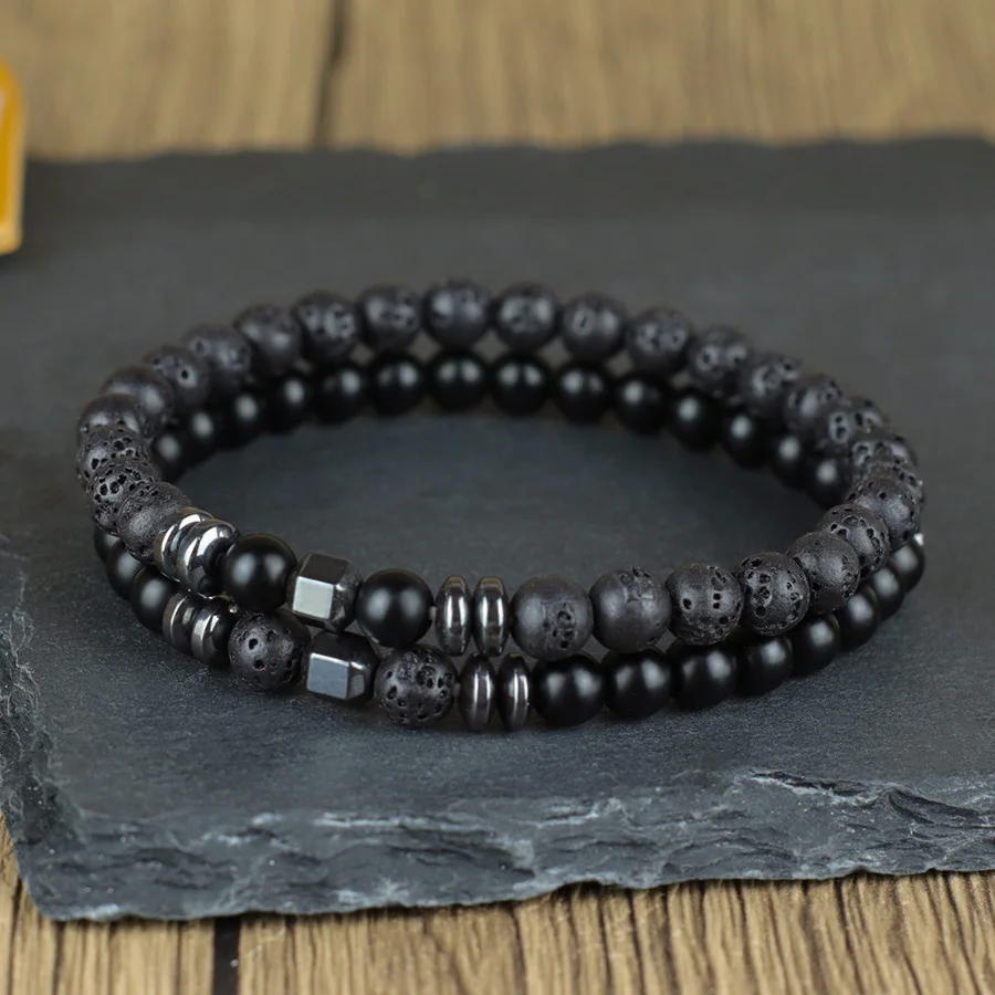 Mens Turquoise Hematite Volcanic Rock Bracelet Set