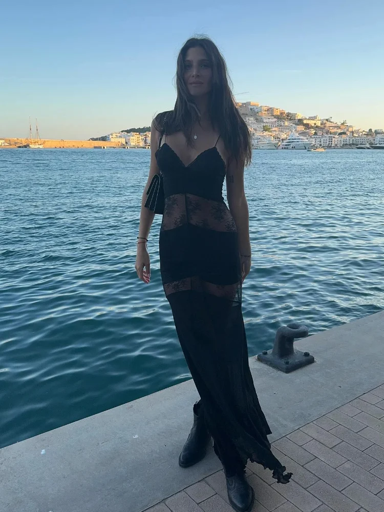 Sexy Lace See Through Sling Dress Women Black V-neck Sleeveless Slim Mermaid Maxi Dresses 2025 Summer New Chic Party Robe Lady 4