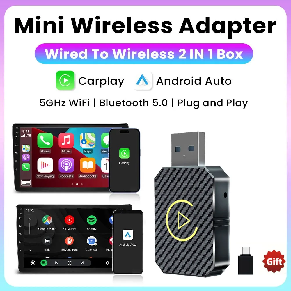 2 in 1 Wireless Carplay Adapter for Apple iOS Android Auto Smart USB Plug and Play For Havel Kia Volvo Audi MG VW Hyundai Jeep