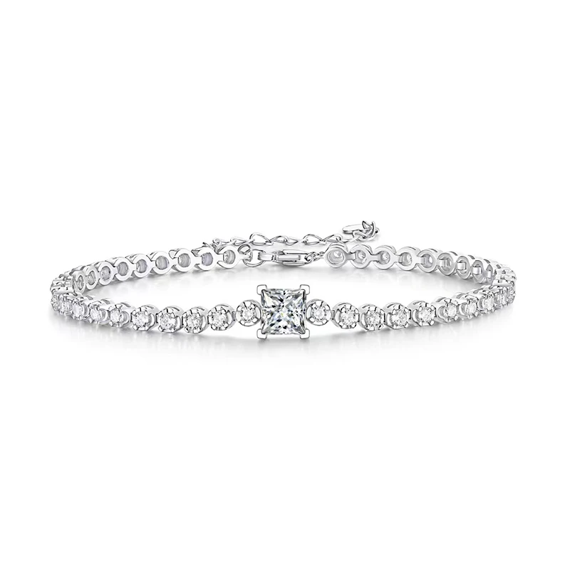 

Trendy S925 Sterling Silver 1ct D Color VVS1 Princess Square Moissanite Bracelets for Women Jewelry Plated White Gold Bangles