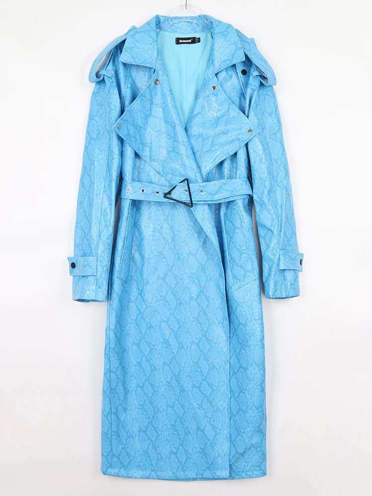 Nerazzurri Spring Autumn Long Oversized Colorful Snakeskin Print Patent Leather Trench Coat for Women Belt Runway Fashion 2022