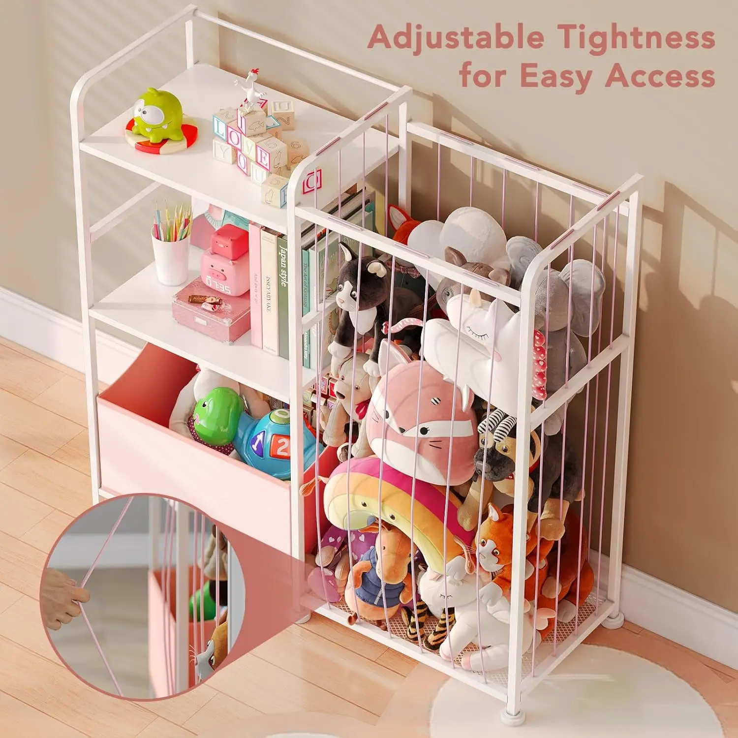 Stuffed Animal Storage - Stuffed Animal Net with Kids Bookshelf and Toy Organizer, 2-Tier White Bookshelf with Stuffed Animal 5