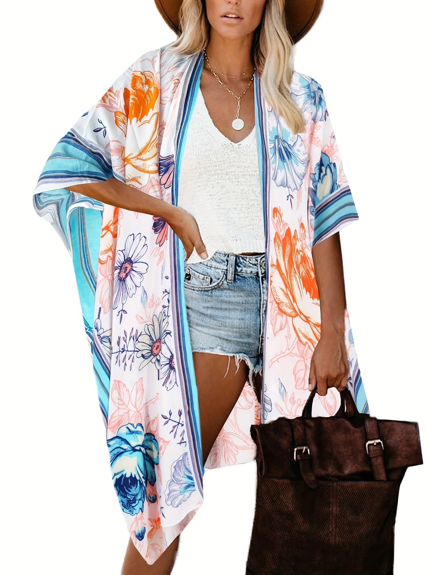 odoodem plus size casual cover up women's plus floral stripe print bat sleeve open front kimono shawl cover up