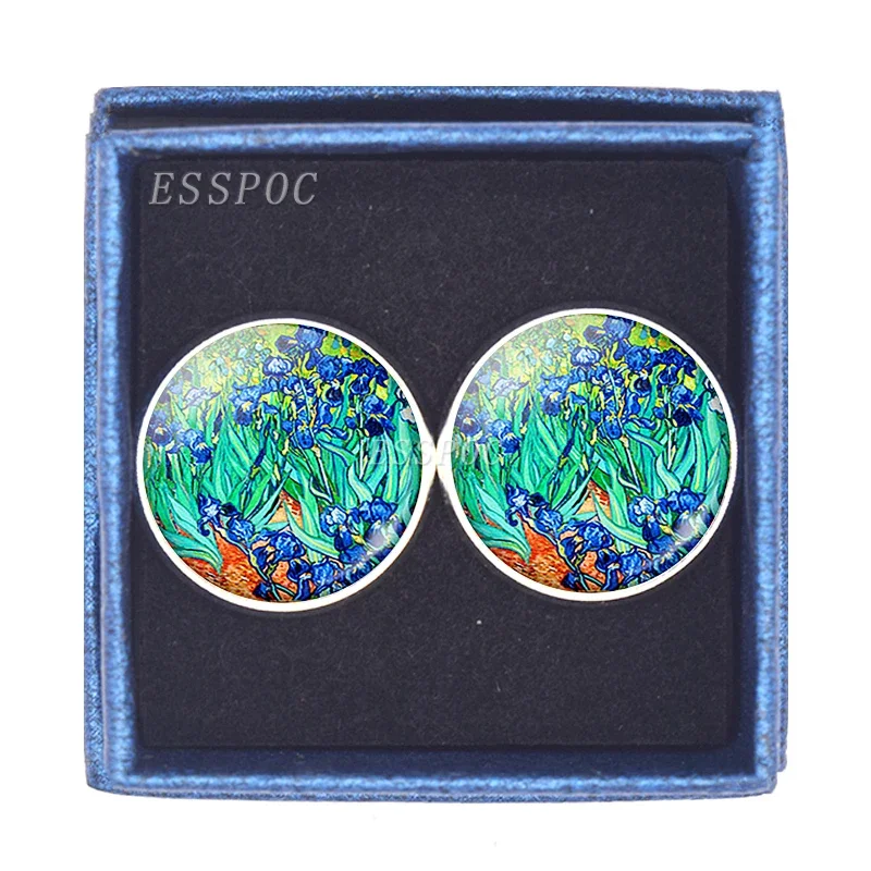 Set Boutons De Manchette + Barre De Cravate Homme – Motif Iris De Van Gogh – Design Géométrique Rétro – Accessoire élégant Pour Chemise