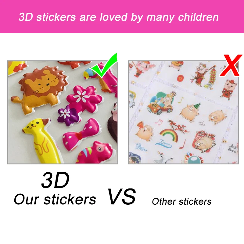 8Sheets Kids 3D Cartoon Puffy Bulk Stickers Girls Boys Birthday