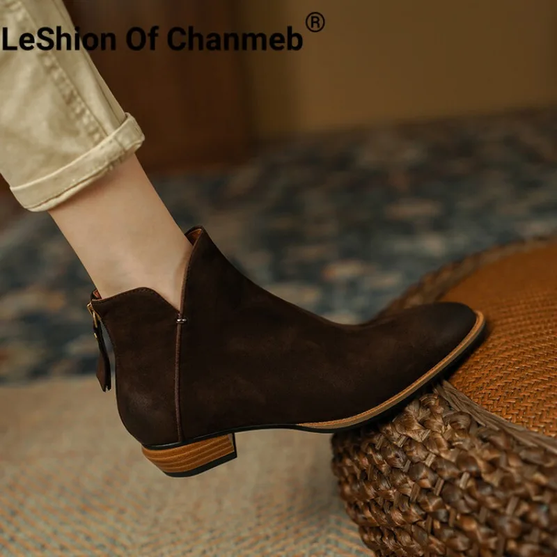 

LeShion Of Chanmeb Women Genuine Leather Boots Block Low Heeled Black Ankle Biker Boots Winter Ladies Brown Zipper Shoes 40 Soft