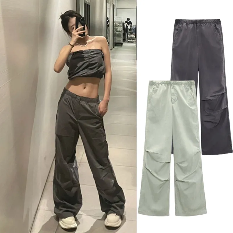 

2023 Spring And Summer New Hot Girl Fashion Casual All-match pleated Design Elastic Mid-waist Nylon Trousers Overalls