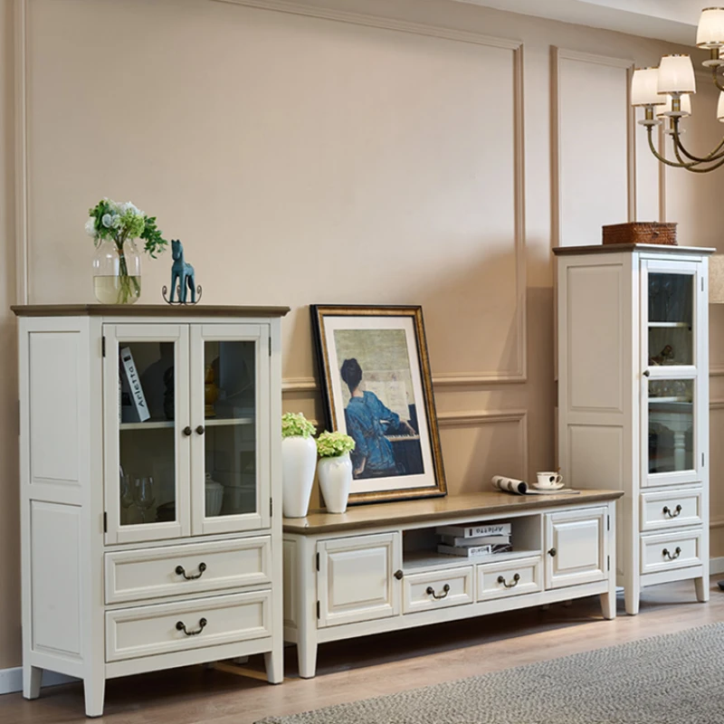 

HXL American-Style Solid Wood Locker Glass Wine Cabinet Combination Sitting Room Cabinet Pastoral White Sideboard Cabinet