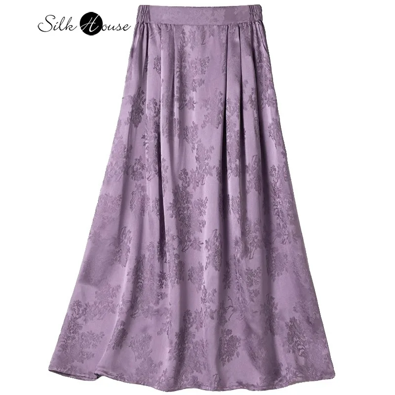 

2024 Women's Summer New Breathable 100% Natural Mulberry Silk HuaLuo Light Luxury Style Mid Length High Waist Large Swing Skirt