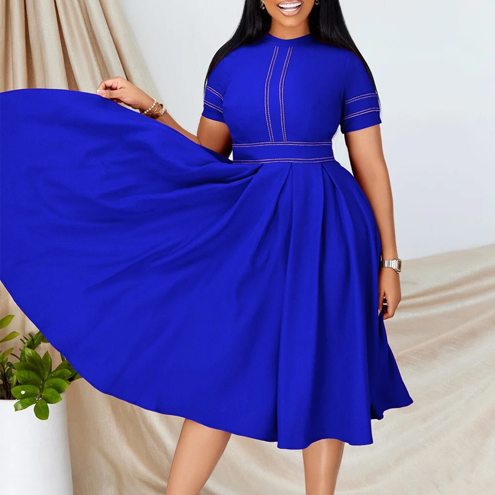 

Elegant Classy Dresses Women A Line Pleated Short Sleeve Round Neck Mid Calf Modest Summer Gowns Office Ladies Work Dress Midi