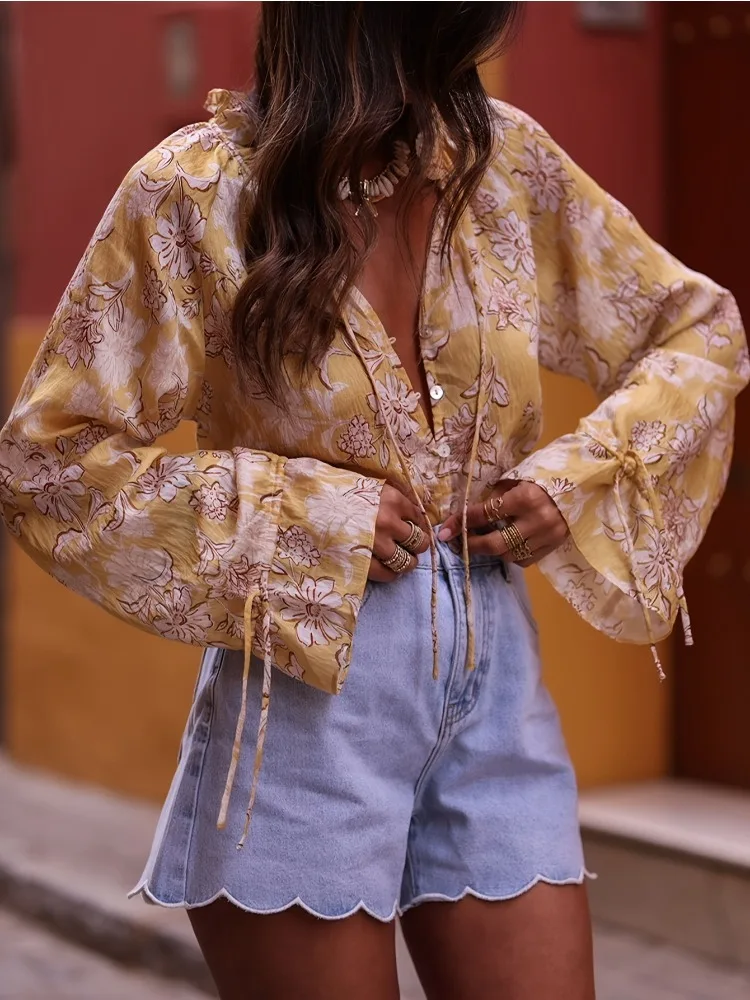 New Fashion 2025 Elegant Lace Neck Flared Sleeve Lace-Up Shirt Loose Casual New Chinese Cardigan Single-breasted Yellow Top