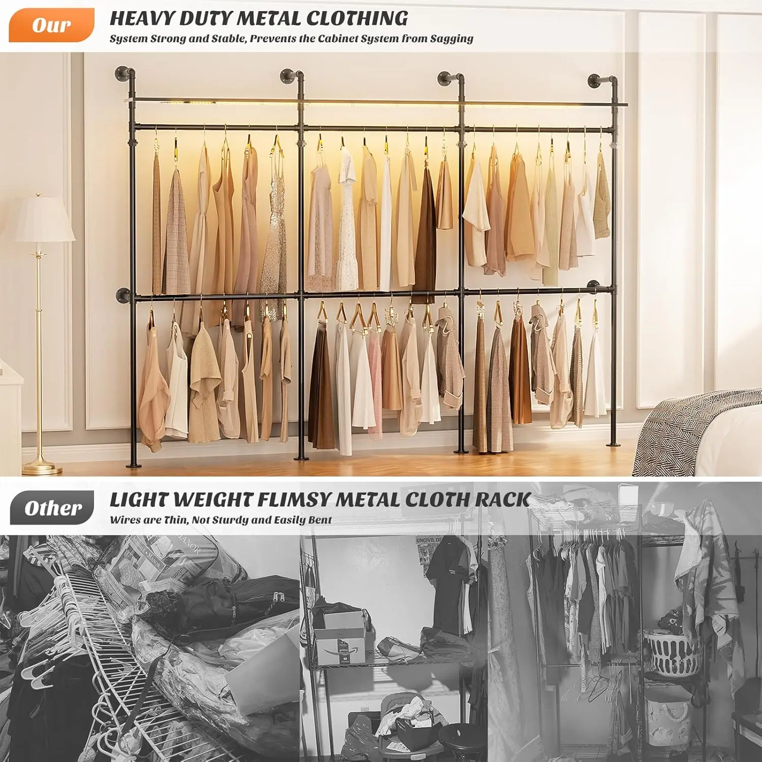 Industrial Pipe Clothing Rack, Reversible 118.3'' Clothes Rack for Hanging Clothes, Heavy Duty Garment Rack Closet Wardrobe Rack 5