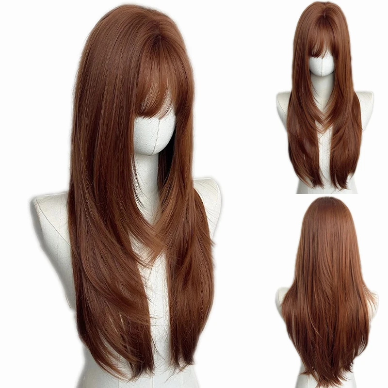 26 Inch Long Straight Synthetic Wig Layered Dark Orange Natural Smooth Hair Stylish Party Bangs Wigs For Women daily use