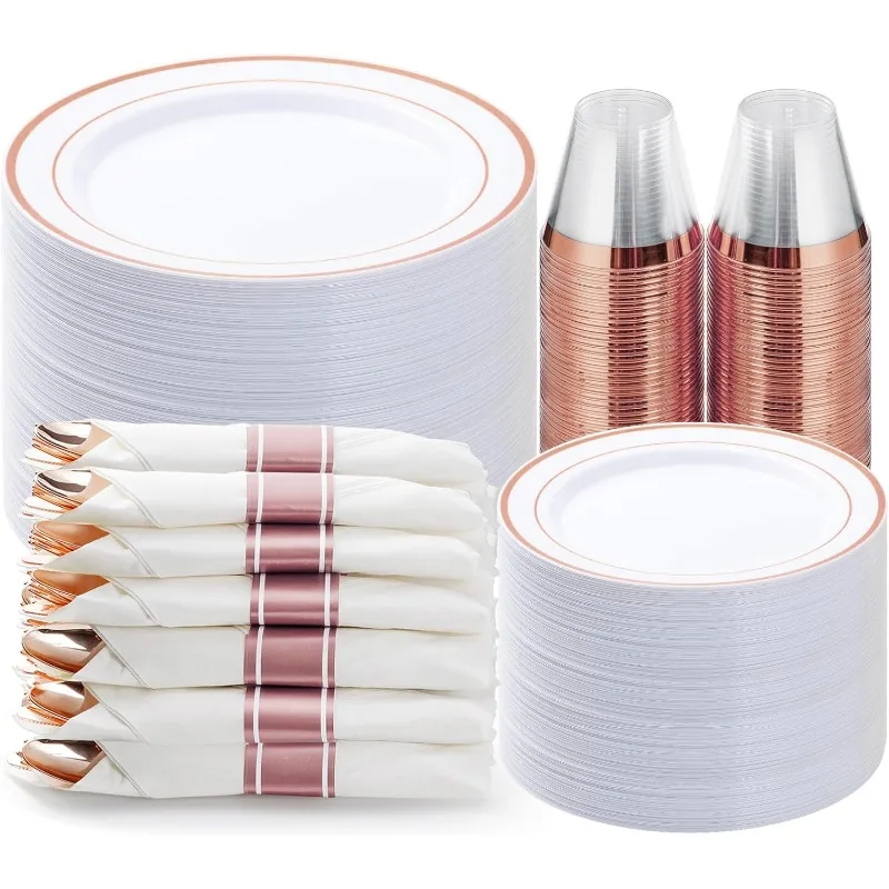 350PCS Rose Gold Plastic Dinnerware Set, Disposable Party Plates for 50 Guests, Include: 100 Plastic Plates, 50 Pre Rolled