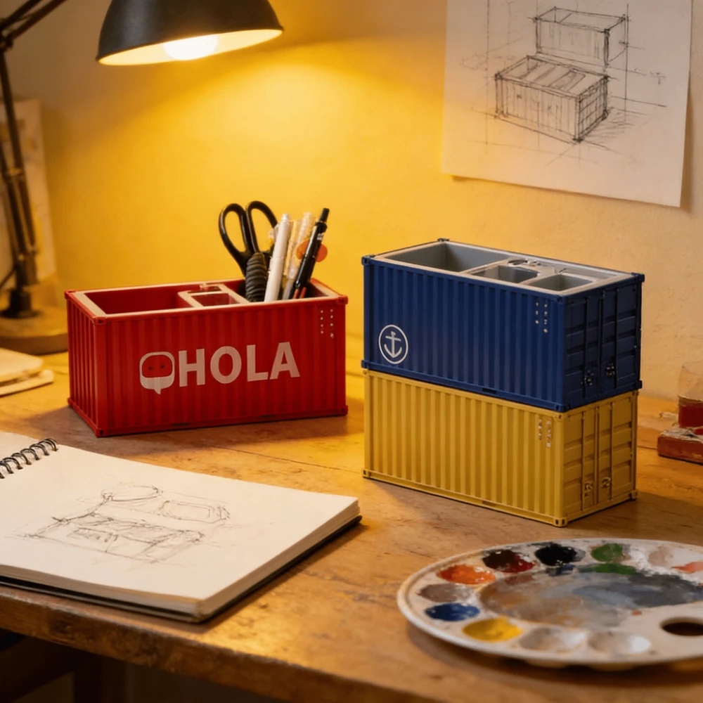Organizador de escritorio con forma de contenedor, mini portalápices industrial, almacenamiento de papelería para el hogar, oficina, estudio, decoración de escritorio, uso diario