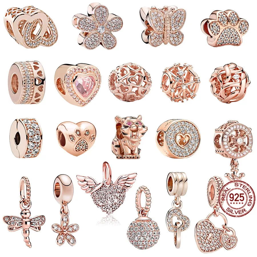 

925 Sterling Silver Rose Gold Plated Sparkling Paw Print & Pavé Butterfly Charm Beads Fit Original Pandora Bracelet Jewelry Gift