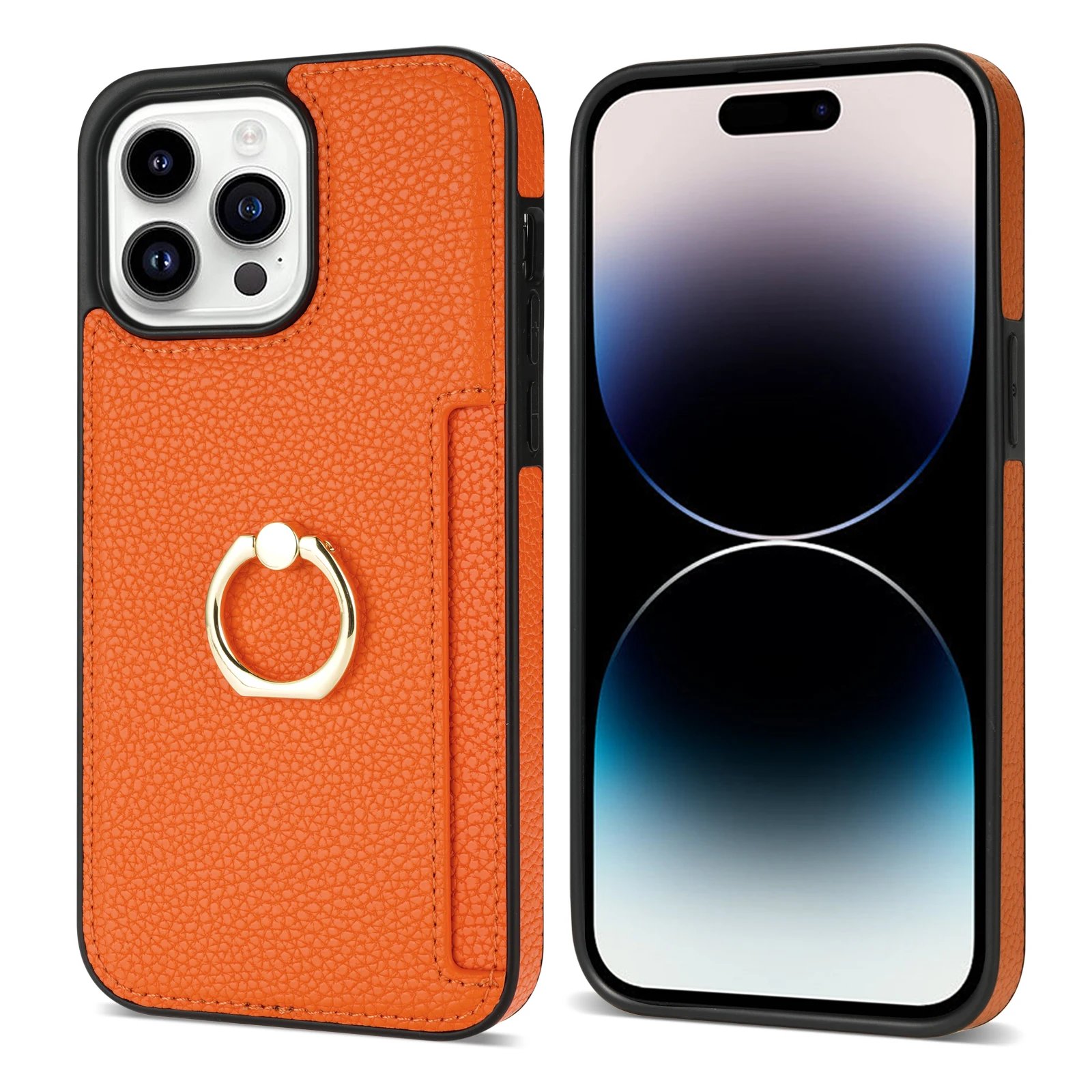 Luxurious Leather Wallet Phone Case with Ring Holder and Card Slot - Litchi Stand Cover