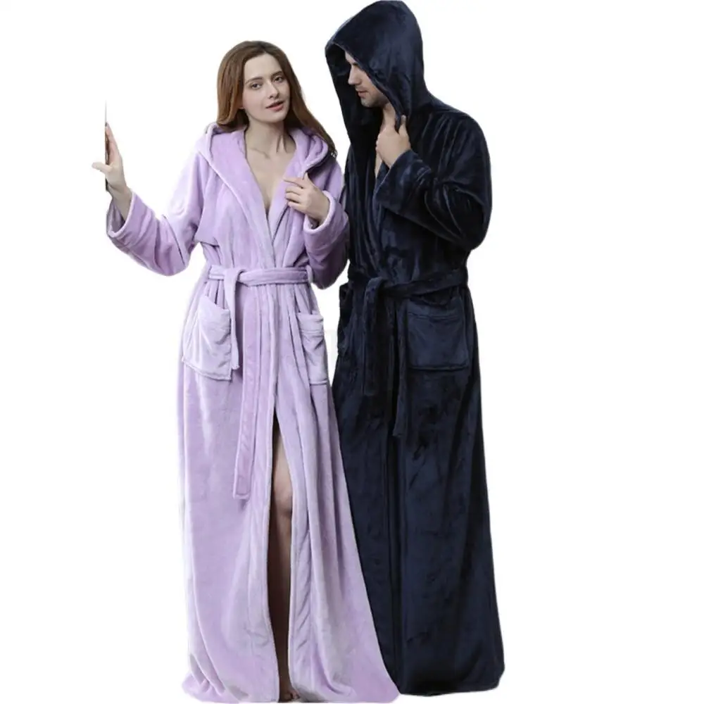 

Lovers Thermal Hooded Extra Long Fur Flannel Bathrobe Women Men Thick Warm Winter Kimono Bath Robe Bridesmaid Robe Dressing Gown