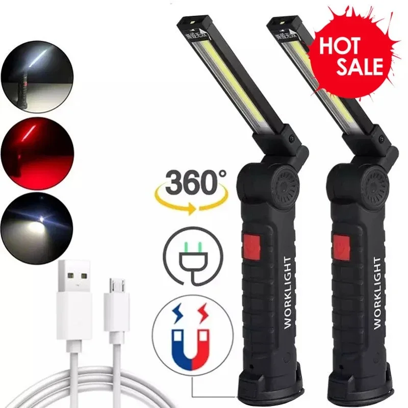 USB Rechargeable Camping LED Flashlight Work Light with Magnet and Hook IP64 Waterproof 5 Lighting Modes Suitable for Night Work