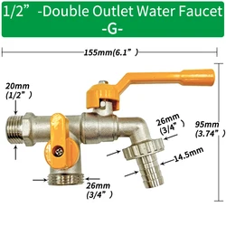 Premium Brass Garden Hose Faucet Adapter with Ball Valve - Durable 2-Way Irrigation Connector (G-1pcs)