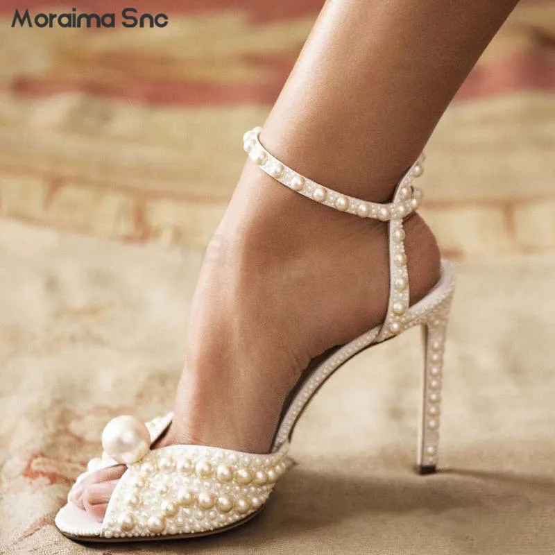 

Handmade White Pearl Wedding Shoes Temperament Fairy Style Open Toe Sandals Round Toe Fish Mouth High Heel Fashion Sandals