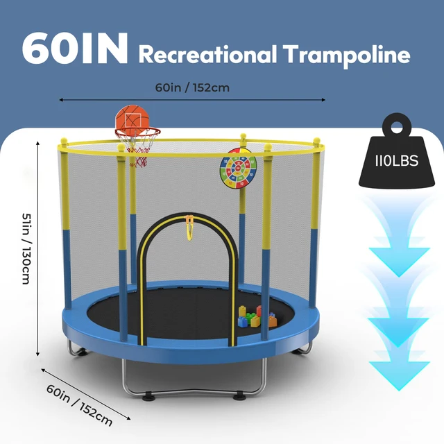 60" Trampoline for Kids with Net, 5FT Indoor & Outdoor Small Toddler Trampoline with Basketball Hoop & Dart Board for Ages 1-8, Birthday Gifts for Boys & Girls, Baby Toddler Christmas Toys