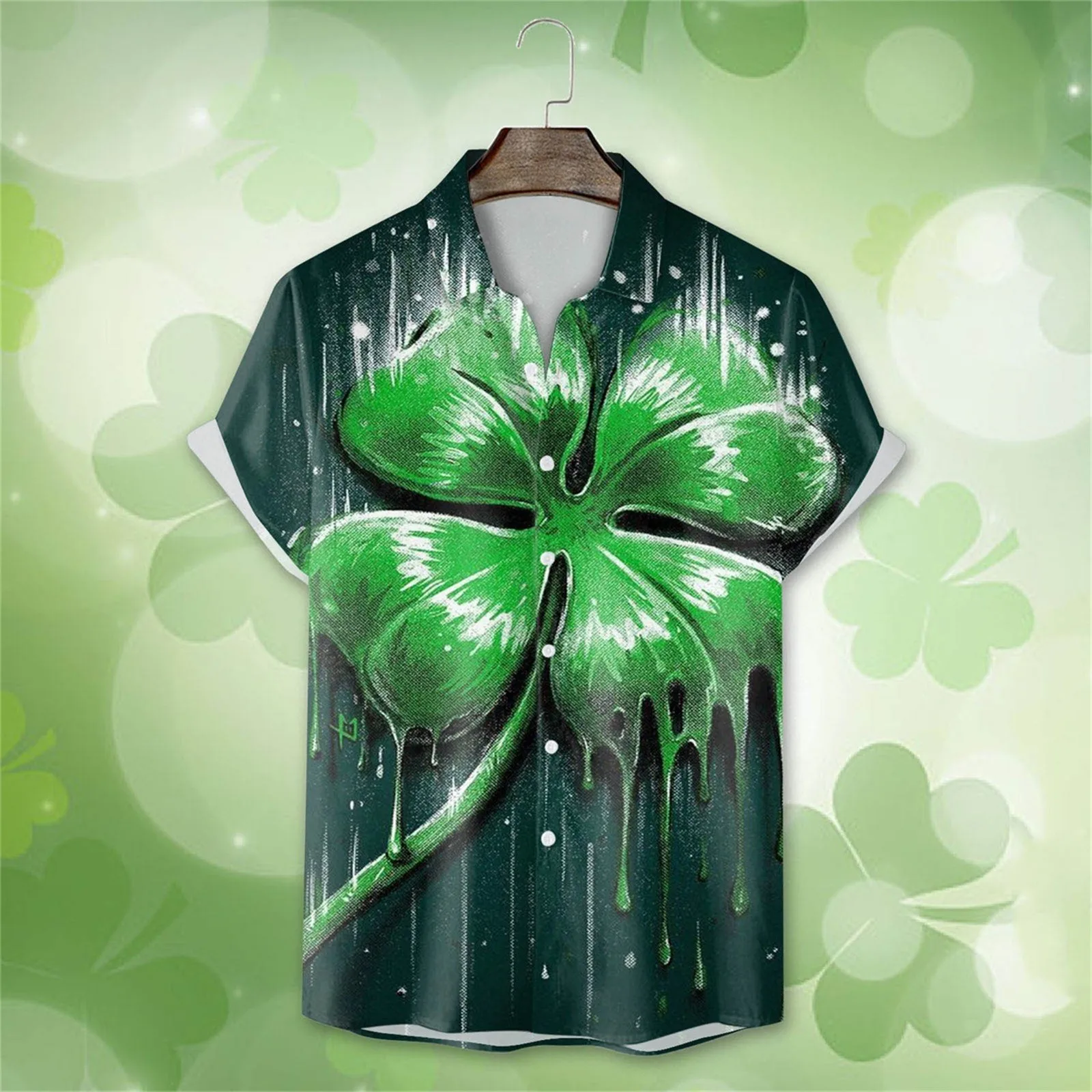 

Mens St. Day Santa Digital 3D Printing Short Sleeve Lapel Button Shirt Top Basketball Shirts Men