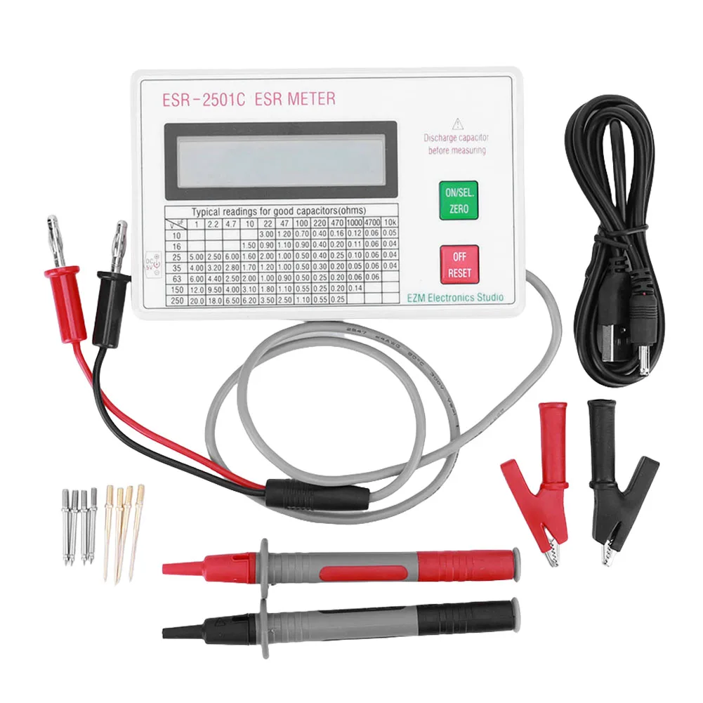 Capacitor ESR DCR Tester Test In Circuit Capacitance Meter With Test Leads Clip Battery LCD Display ESR Meter Smart Shutdown 2