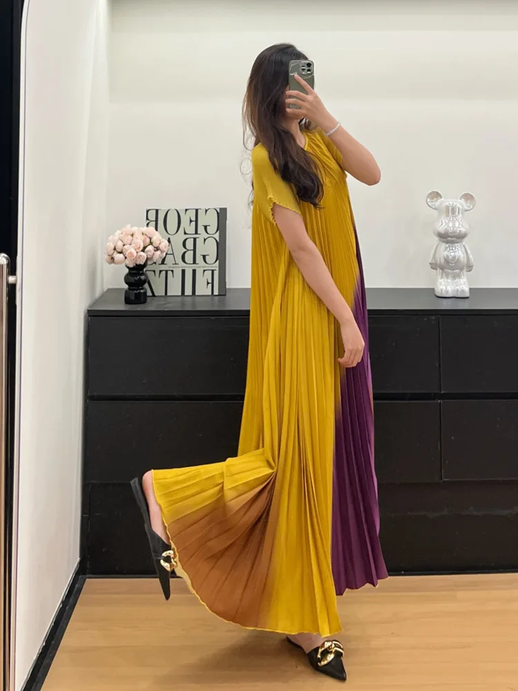 LANMREM Colorblock Spliced Pleated Women's Dress 2025 New High-End Design Elegant Temperament Short Sleeve Dresses Chic 2DB3574 - Image 5