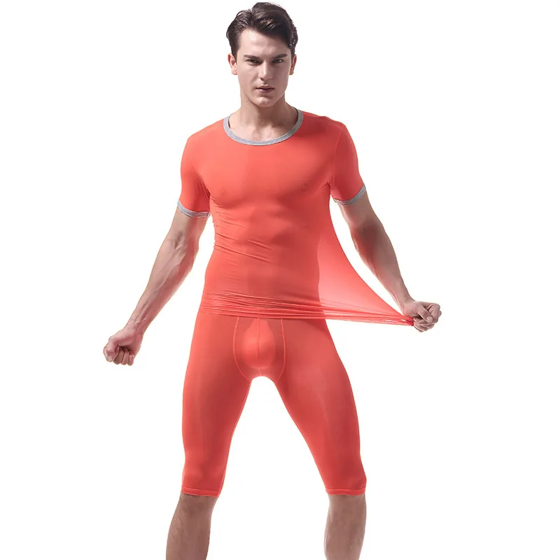

Sexy Mens Underwear Suit Men Ultra-thin See-through Short-sleeved T-shirt and Long Boxershorts Sets Male Homewear Lounge Pajama
