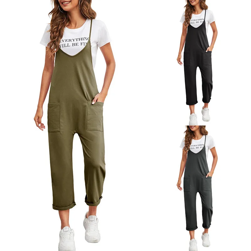 summer women's casual pocket pants solid color loose suspender straight jumpsuit stretch sleeveless rompers bodysuits overalls