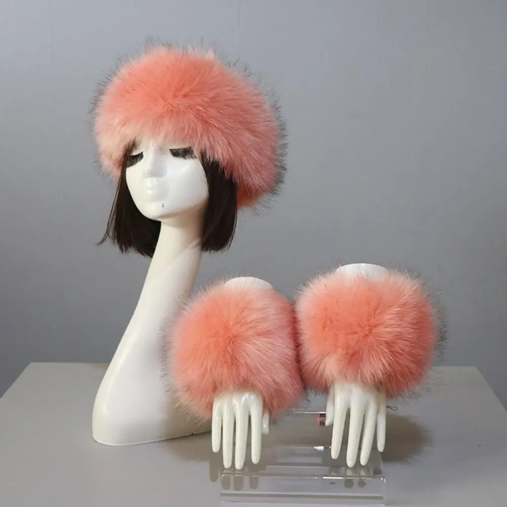 Women Headband Gloves Solid Color Faux Fur Furry Empty Top Hat Wrist Sleeves 1 Set For Outdoor