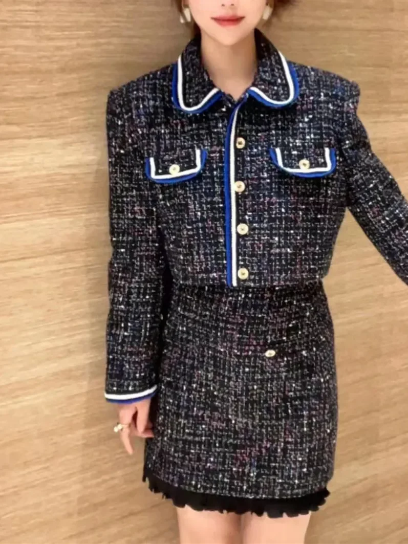 

Women Sequin Tweed Suit OL 2023 Autumn New Single Breasted Contrasting Colors Turn-Down Collar Coat or High Waist Skirt