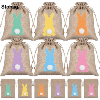 StoBag 도매 부활절 리넨 드로스트링 백, 토끼 작은 번들 포켓, 어린이 사탕 선물 포장, 재사용 가능한 파우치, 50 개