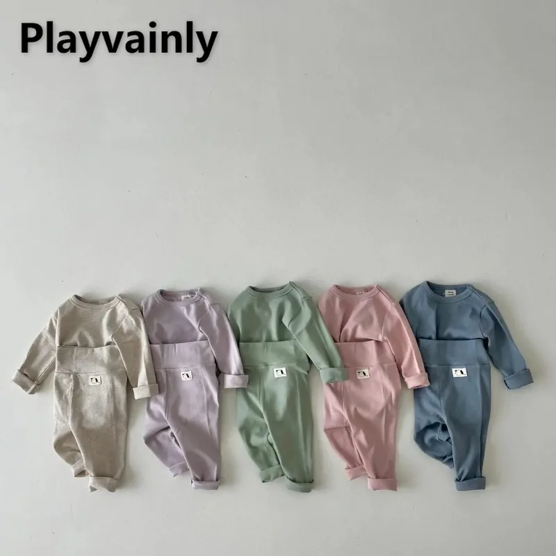 New Spring Autumn Baby Boy Girl Pajamas Solid Color Round Collar Long Sleeve Top+Soft Pants Newborn Home Wear Nightgown E22773