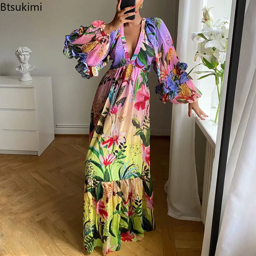

New 2024 Women's Printed Gradient Party Dress Spring Summer Ruffle V-neck Ladies Long Dress Fashion Slim Long Beach Dress Female