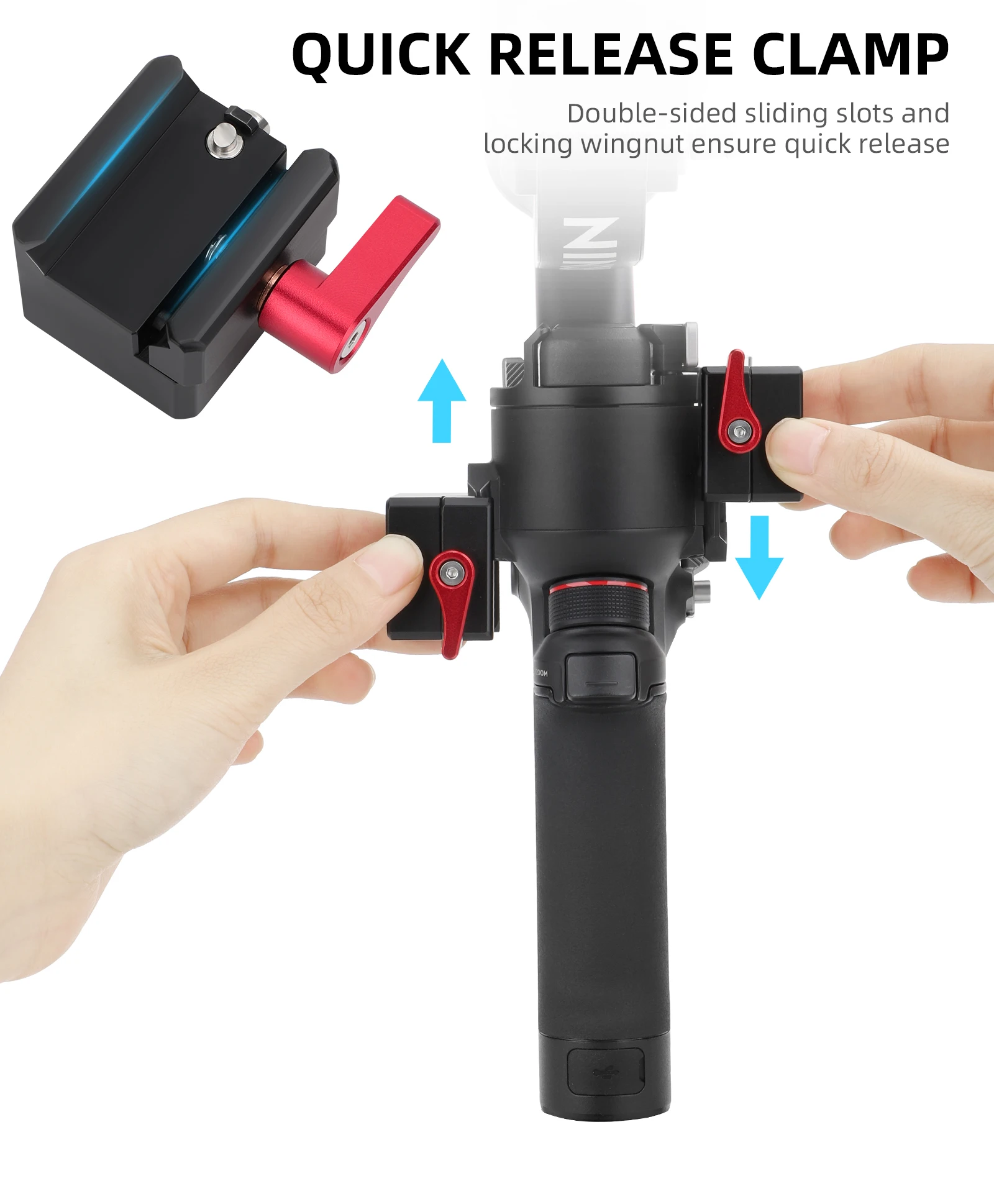 Vue éclatée du support moniteur à pince montrant les composants : pince, rotule et vis pour cardan DJI RS.