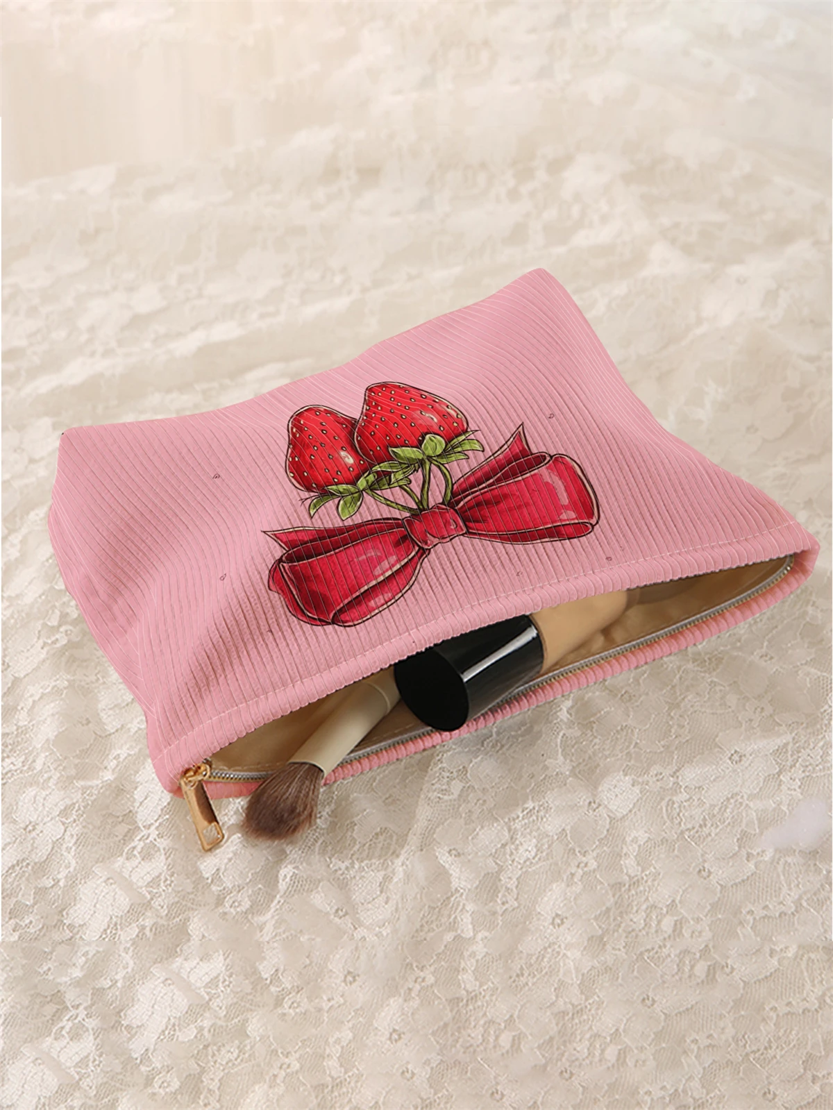 1 corduroy makeup bag with strawberry and bow pattern, lightweight zipper makeup storage box, multifunctional bag with lining