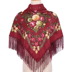 90*90CM Russian Printed Floral Scarf Women‘s Big Size Square Handkerchief Bandana Retro Ethnic Fringed Shawl Babushka Head Wraps