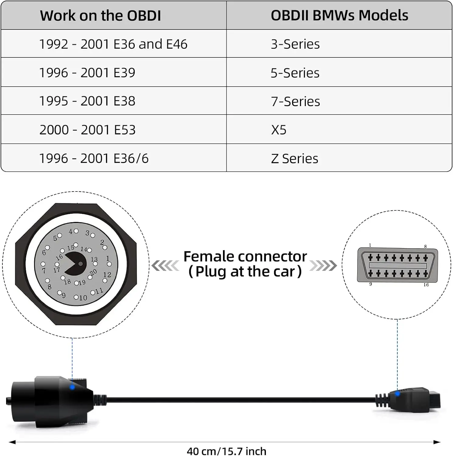 For BMW 20pin to OBD2 16pin connector cable OBD OBD2 adapter cable for BMW e36 e39 X5 Z3 scan tool cable 4