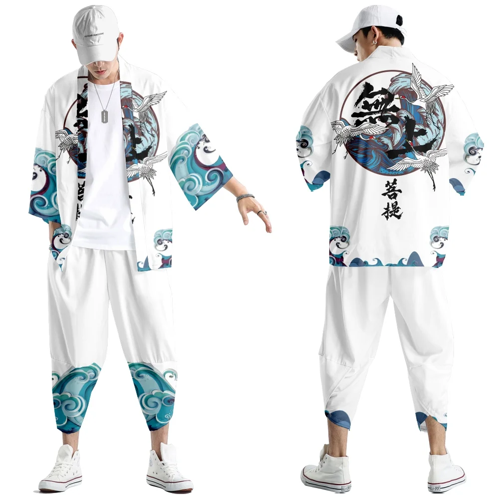 Two-piece Suit Oversize XXS-6XL Japanese Style Fashion Kimono And Pants Set Men Cardigan Blouse Haori Obi Asian Clothes