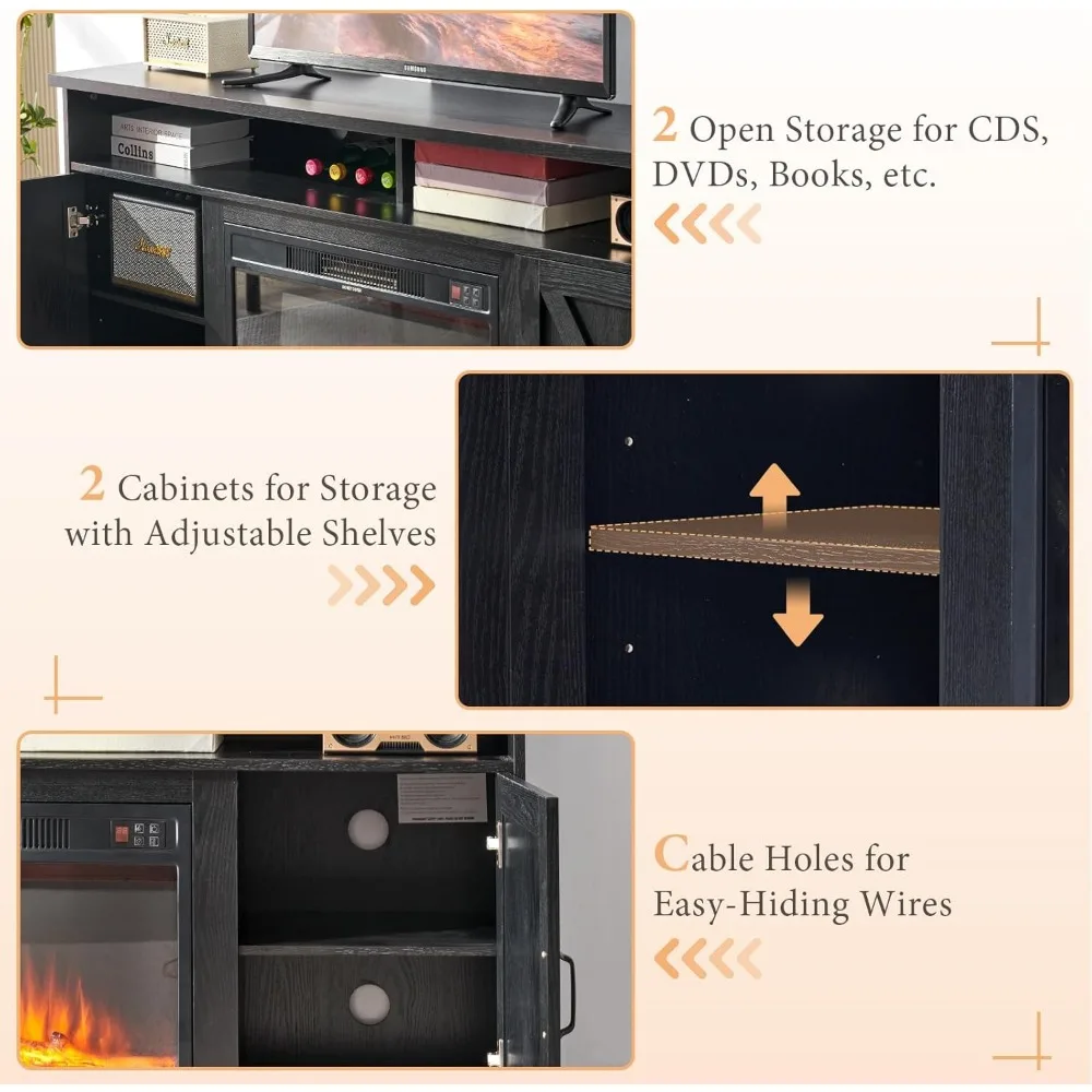 63" Farmhouse TV Stand with 26" Fireplace, for TVs up to 73", Entertainment Center with Adjustable Shelf & Barn Doors, TV Conso