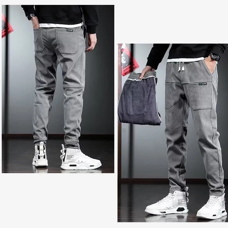 Men's Thermal Corduroy Pants Autumn Winter Stylish Comfortable Plush Narrow Leg Trousers Daily Elastic Waist Straight Leg Pants