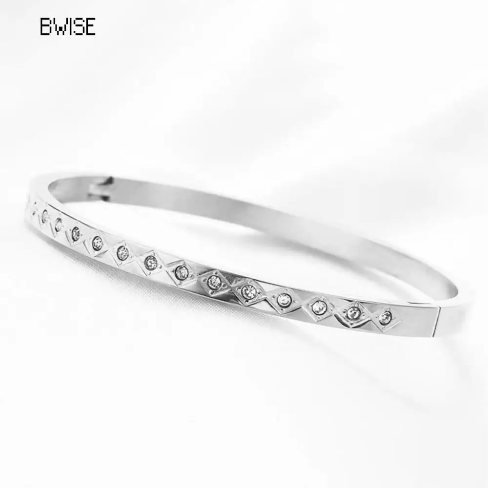 Bwise Waterproof Luxury Colorful Cubic Zirconia Bangles Stainless Steel Open Bracelet Bangle 18k Plated Fashion Jewelry Women 4