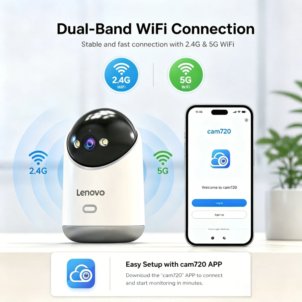 Caméra de sécurité domestique intelligente Lenovo 5MP 5G WiFi, caméra IP pour bébé, vision nocturne couleur, suivi automatique, surveillance vidéo 6