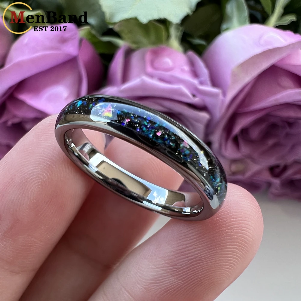 MenBand 4MM Black Opal Ring Women Tungsten Engagement Wedding Band Stylish Gift Jewelry Domed Polished Comfort Fit Size 5-11
