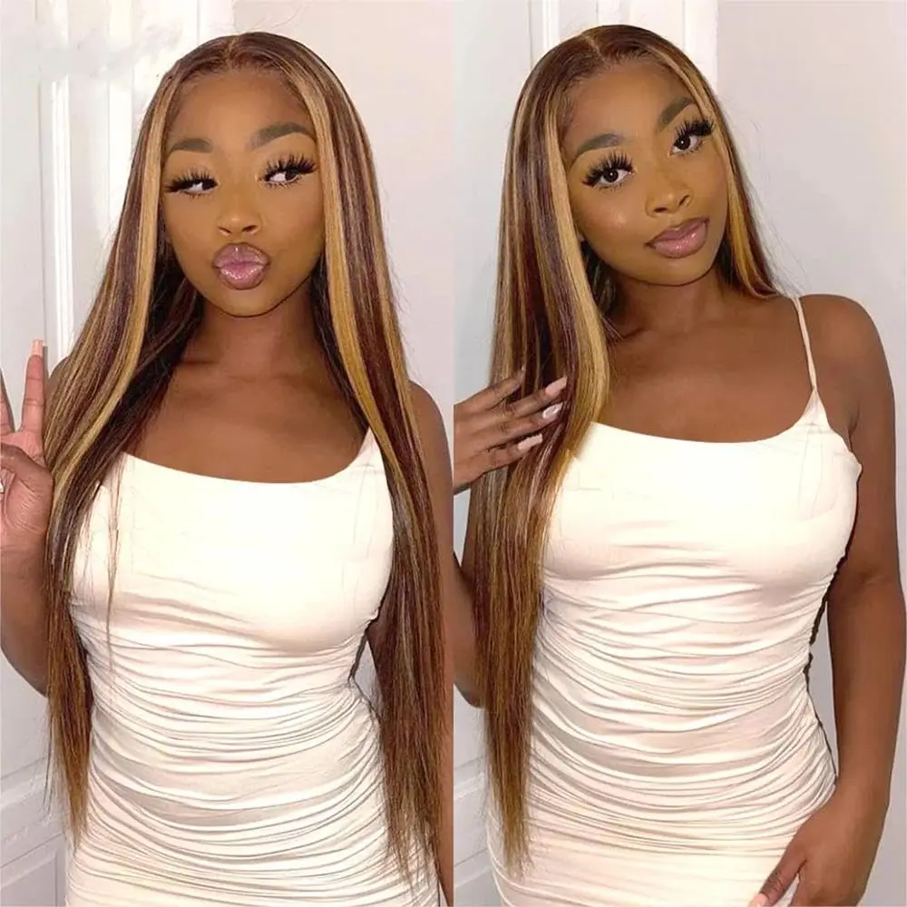 Highlight Ombre Lace Front Wig Human Hair 13x4 HD Straight Lace Front Wigs 200% Density 4/27 Honey Blonde HD Lace Frontal Wigs