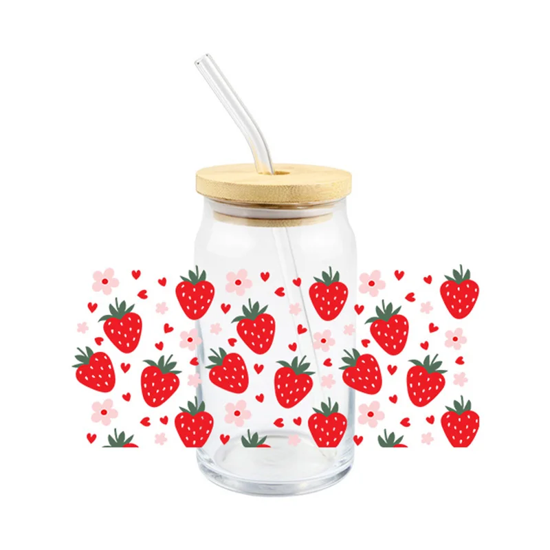 Red Strawberry Sticker Uv Dtf Transfer Wraps For Glass Cup 16Oz  Fashion Small Flower Diy Glass Can Bottle Waterproof Decals