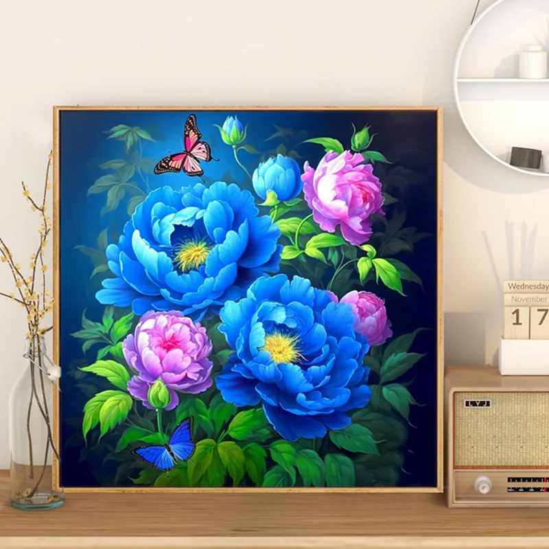 

2024 Pure Hand Embroidered Cross Embroidery Finished Product in Stock Blue Camellia Flower New Full Embroidered Pure Hand40*40